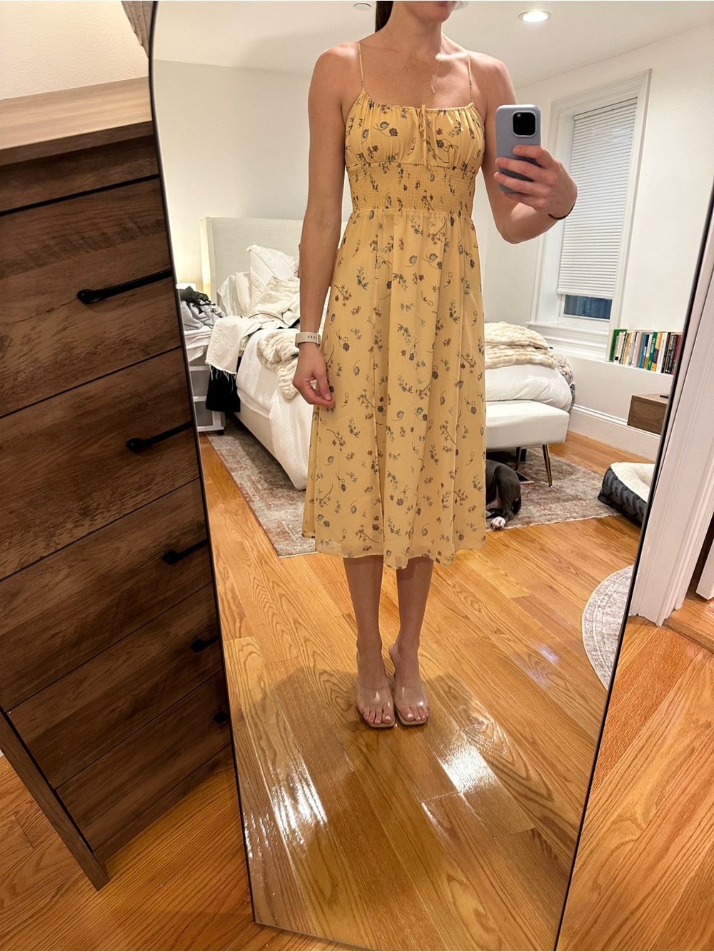 Aritzia Yellow Floral Midi Dress with Smocked Bodice